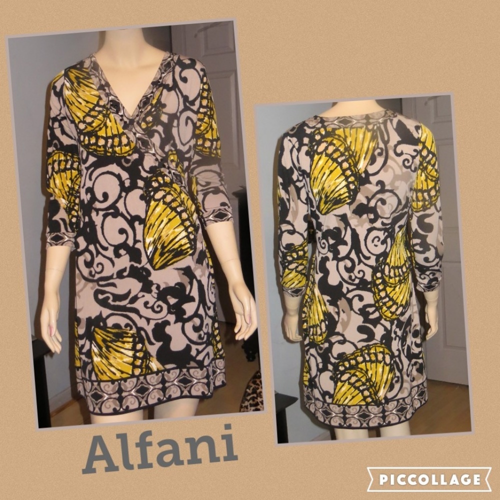 Alfani Faux Wrap-Top Dress - Beige/Black/Yellow